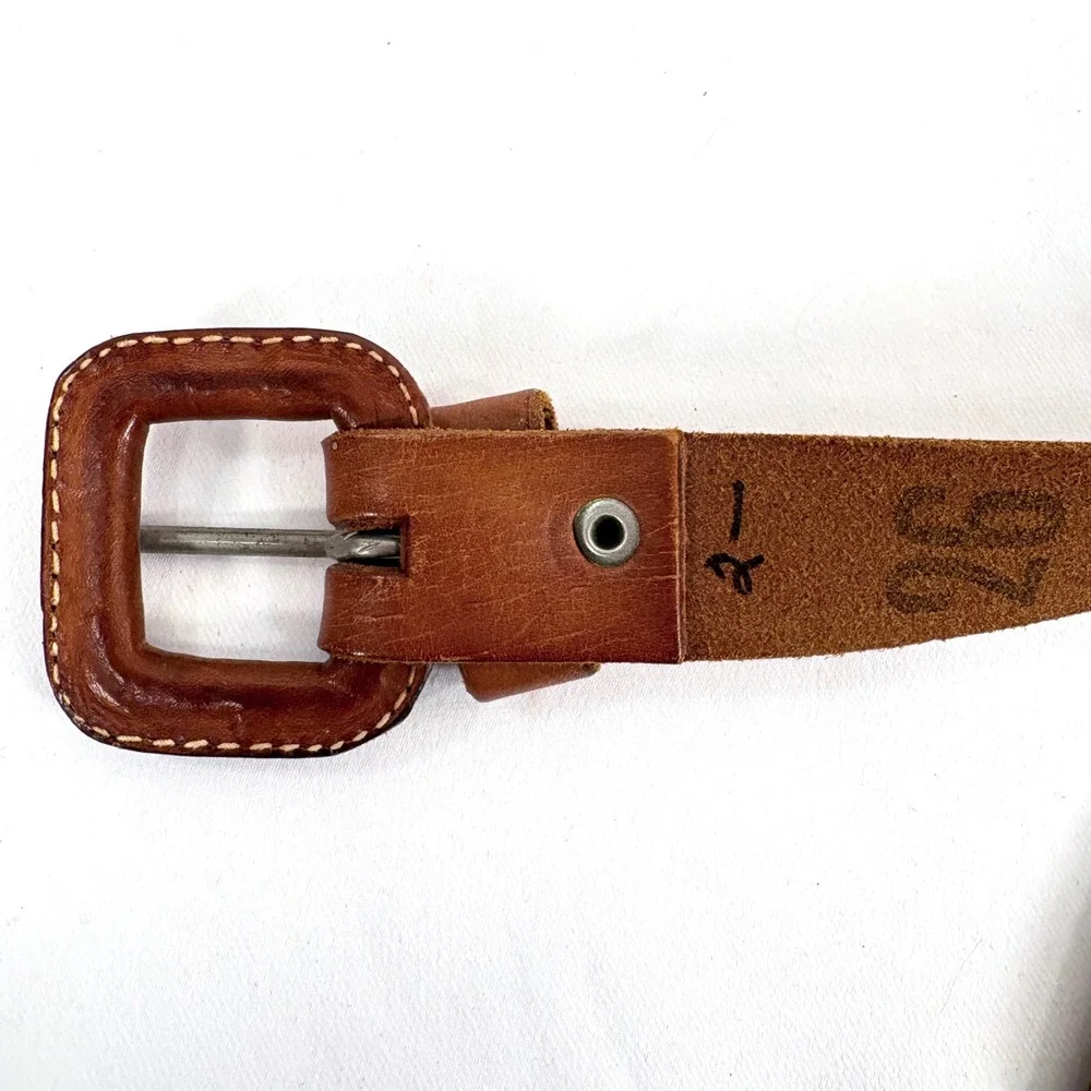 Antonio Barral Belt Brown Leather Painted Dots Square Buckle Vintage 90s Size 26